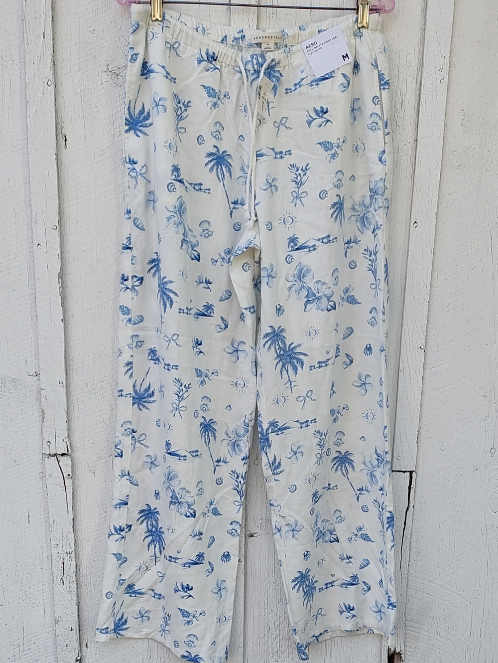 Aeropostale NWT Flannel Pants Cream Blue Tropical Print Linen Rayon Blend Medium